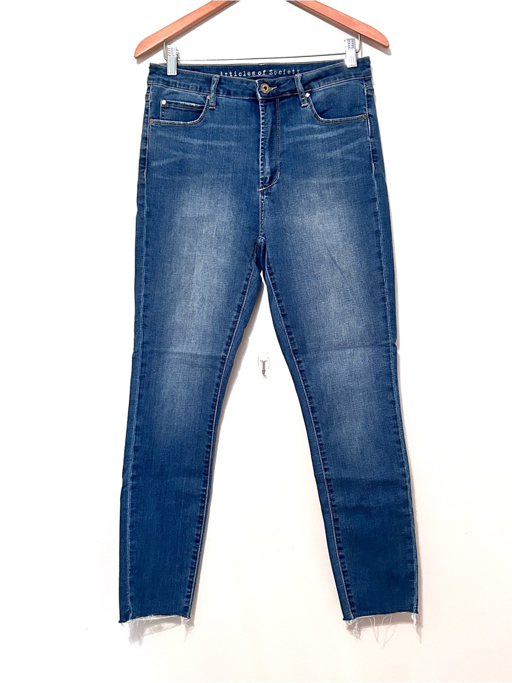 Articles of Society- Woodstock Classic Blue Wash stretch skinny jeans w/ Raw Hem